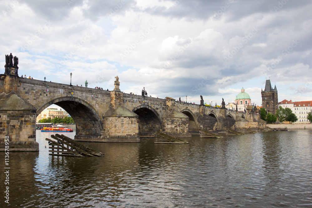 Charles Bridge And Old Bridge Tower At River Vltava In Prague Czech Republic