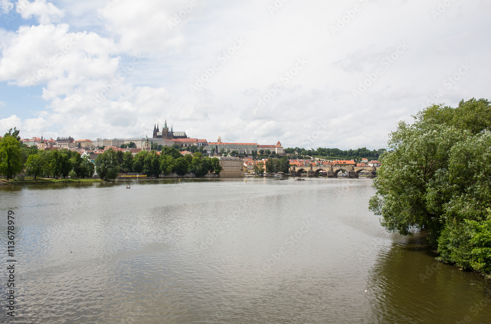 View To Charles Bridge, Hradschin Castle With St. Vitus Cathedral At River Vltava In Prague Czech Republic