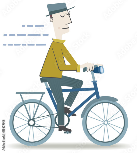 Man riding a bike. Retro style illustration of a man with hat riding a bicycle. 