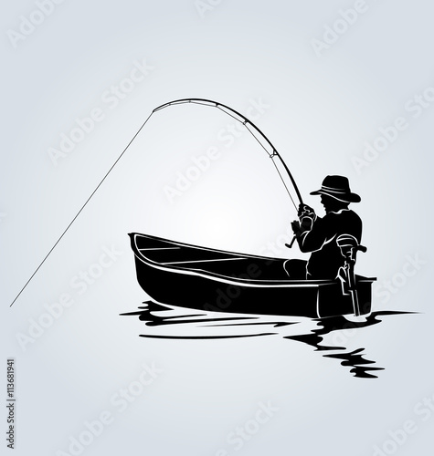 Vector silhouette of a fisherman in a boat photo