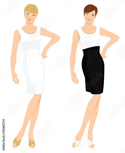 Vector illustration of elegant women in various model of white cocktail dress. Girls with different color short haircut