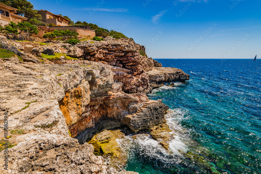 Idyllic view to Seaside Coastline Mediterranean Sea Spain Balearic Islands