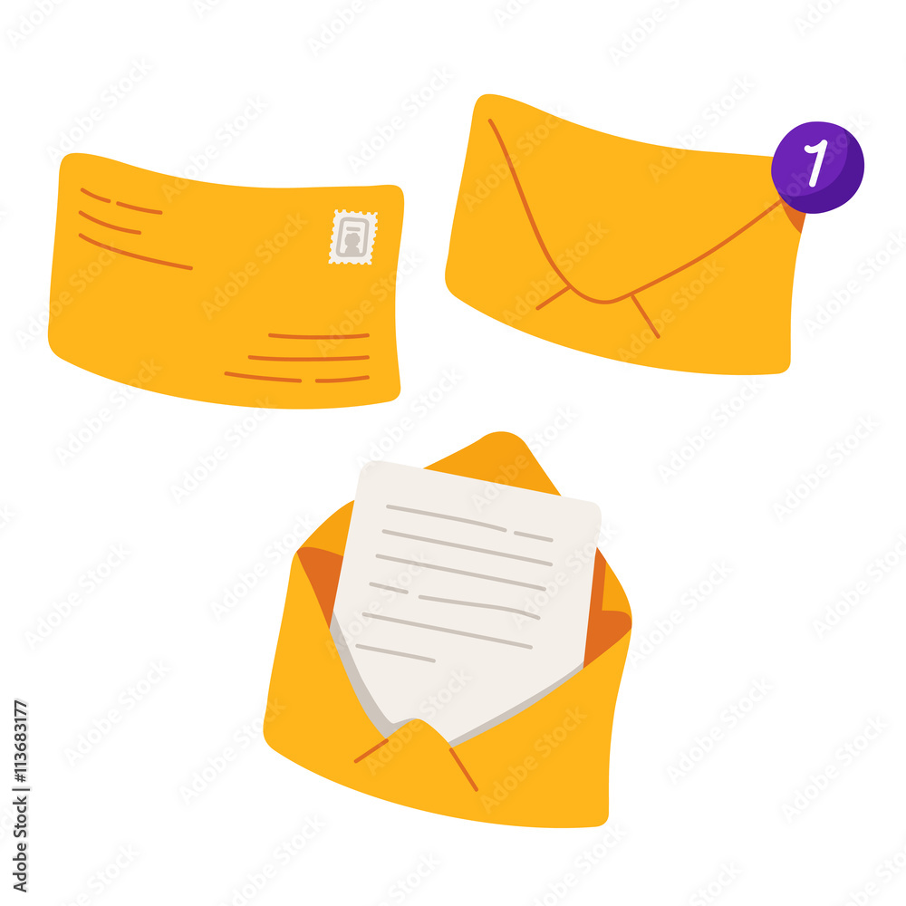 Yellow envelopes. Yellow envelope with one counter notification. Vector illustration isolated on white background Yellow envelopes. Yellow envelope with one counter notification. Vector illustration isolated on white background