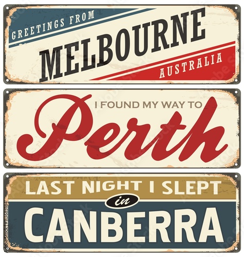 Vintage metal signs collection with Australian cities