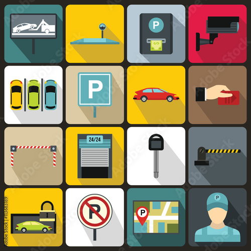 Car parking icons set, flat style