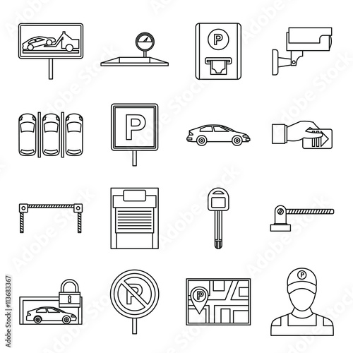 Car parking icons set, outline style