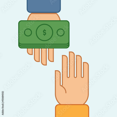 Hands giving and receiving money. Vector illustration. Flat design style