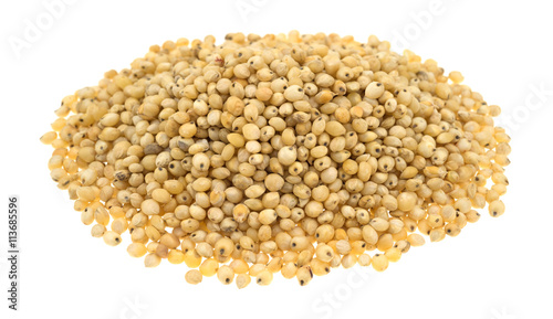 Whole grain sorghum seeds on a white background.