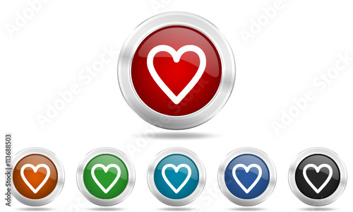 Metallic chrome round vector glossy heart icon set
