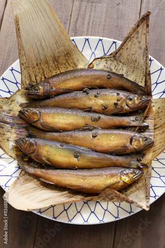 simmered ayu ( sweetfish ) with japanese pepper, japanese fish dish photo