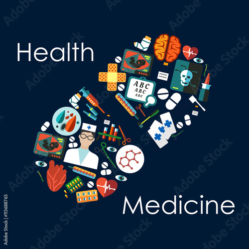 Medical flat icons arranged into a pill