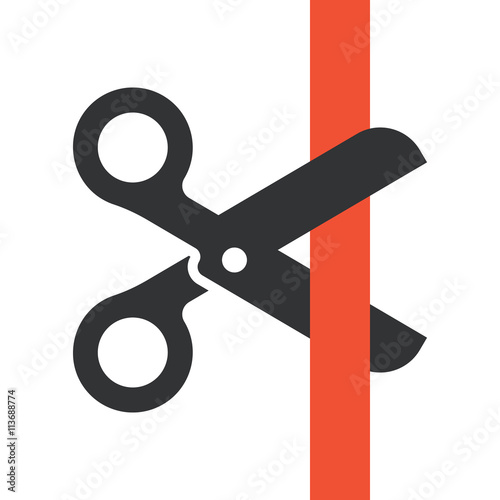 Black scissors cutting red ribbon. Vector illustration