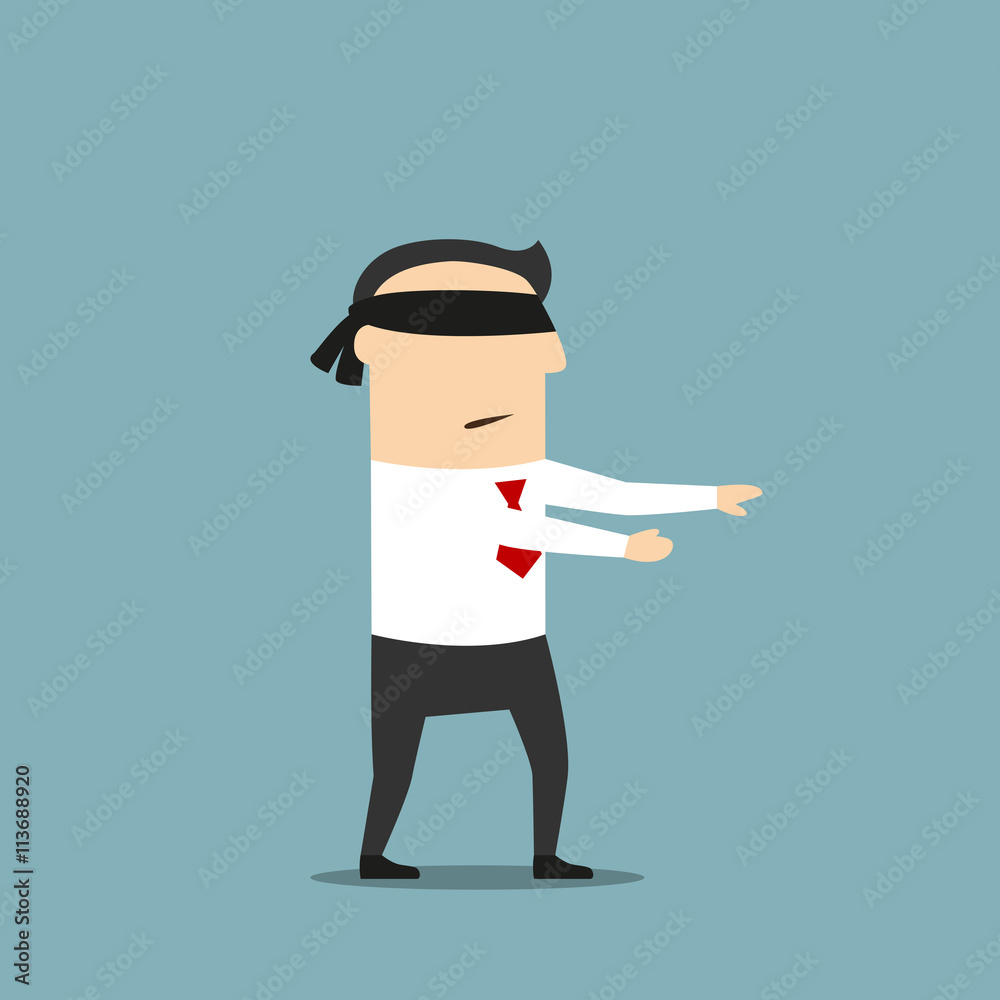 Businessman walking with black blindfold Businessman walking with black blindfold