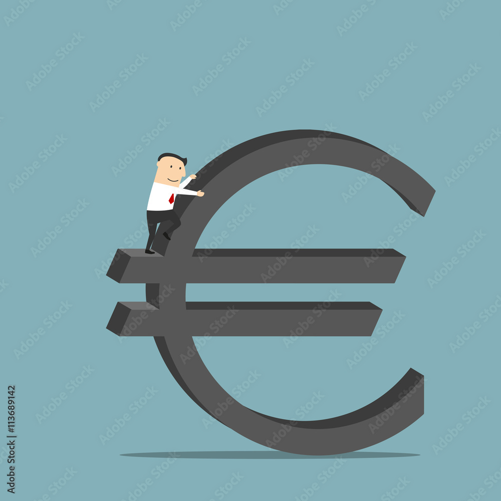Businessman is climbing up on euro currency symbol Businessman is climbing up on euro currency symbol