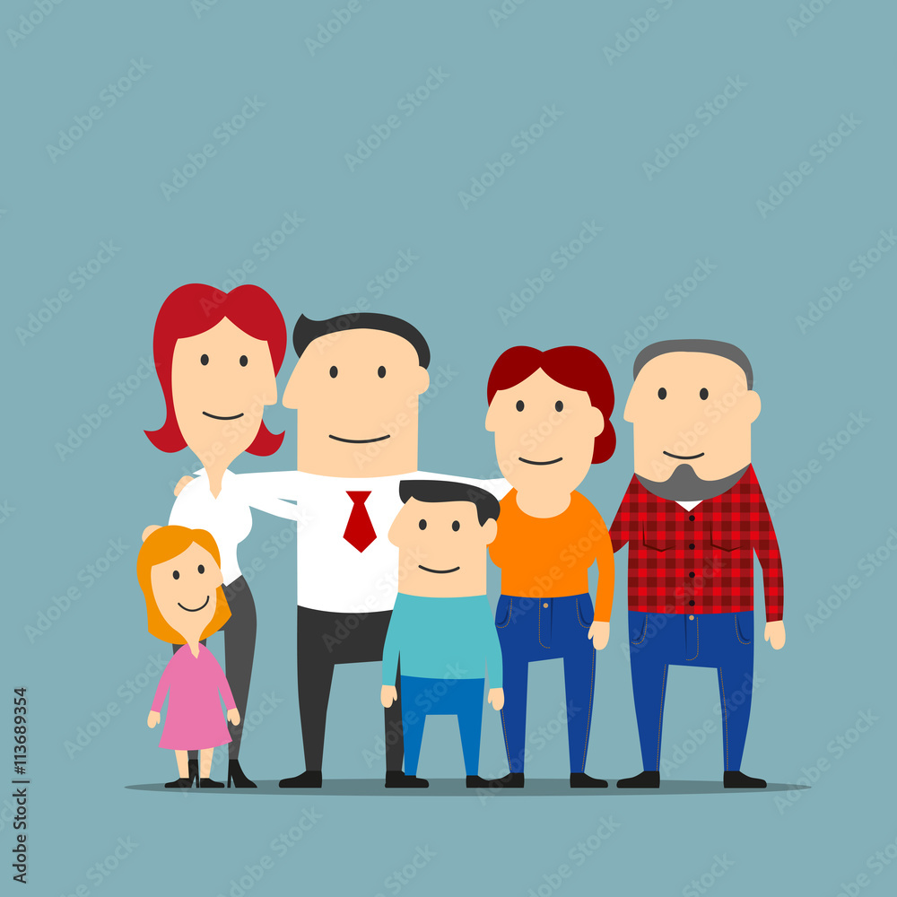 Happy multigenerational family cartoon portrait
