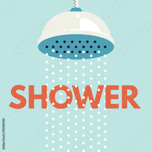 Shower head in bathroom with water drops flowing. Vector illustration. Flat design style