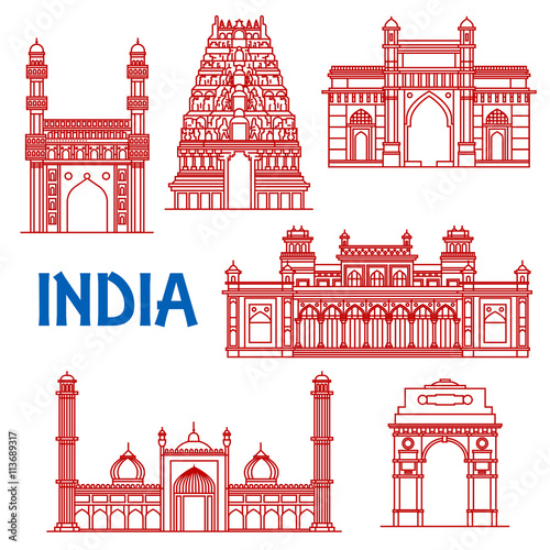 Thin line architecture landmarks of India icons
