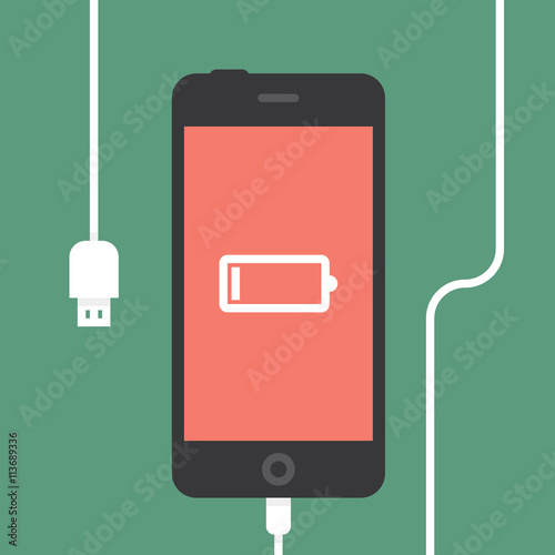 Low battery. Phone charging, flat icon isolated on a green. Vector flat illustration.