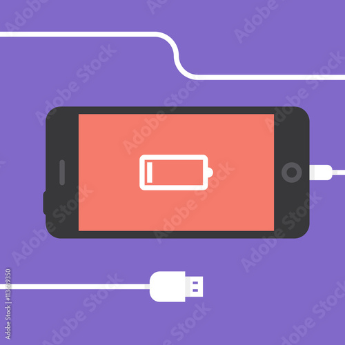 Low battery. Phone charging, flat icon isolated on a purple. Concept background design