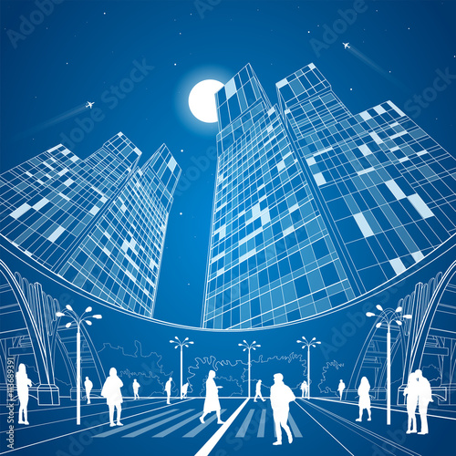 Big bridge, night city on background, industrial and infrastructure illustration, white lines landscape, people walk on the square, neon town, vector design art