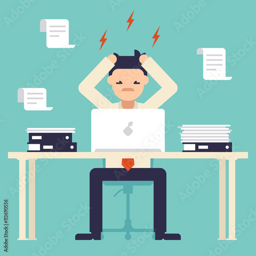 A lot of work. Stress at work. Busy time of businessman in hard working. Man tearing his hair out. New job stress work. Vector illustration. Flat design style.