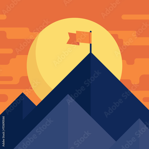 Success or leadership concept with mountain landscape. Vector flat illustration