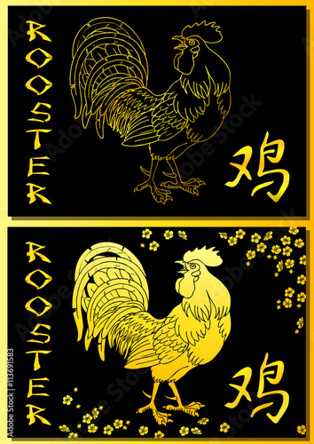 Fervent gold rooster on black background