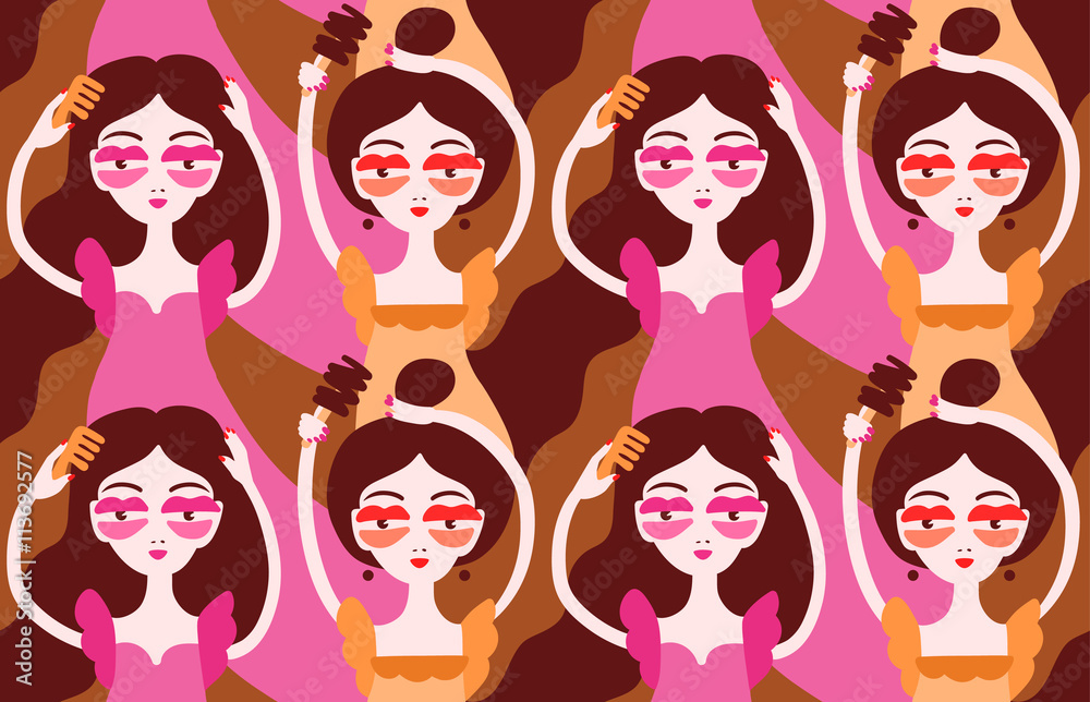 Women doing their hair, brushing hair. Girls wearing surrealistic lip eyeglasses. Seamless pattern. Vector illustration eps 10. Women doing their hair, brushing hair. Girls wearing surrealistic lip eyeglasses. Seamless pattern. Vector illustration eps 10.