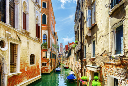 View of the Rio di San Cassiano Canal with boats, Venice, Italy