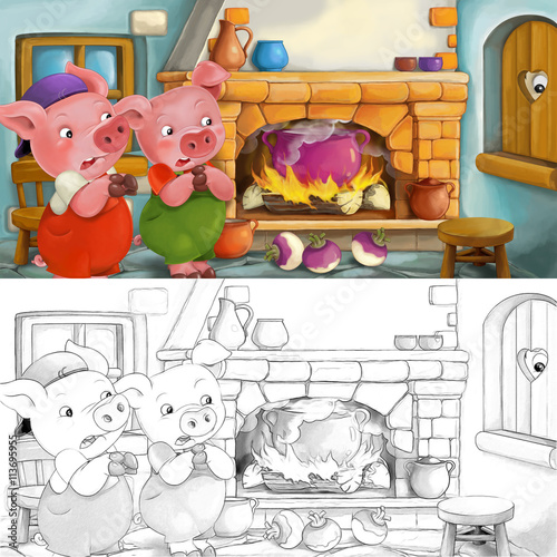 Fototapeta Cartoon scene of scared pigs inside the old house - with coloring page - illustration for children
