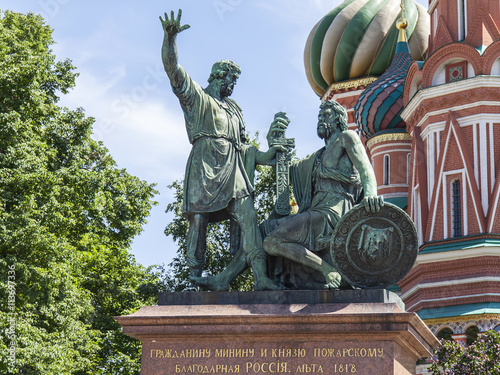 MOSCOW, RUSSIA, on May 31, 2016. A monument to Menin and Pozharsky and Pokrovsky Cathedral (St. Basil's Cathedral) at Red Square. photo