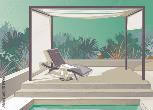 Pergola, pool, white curtains