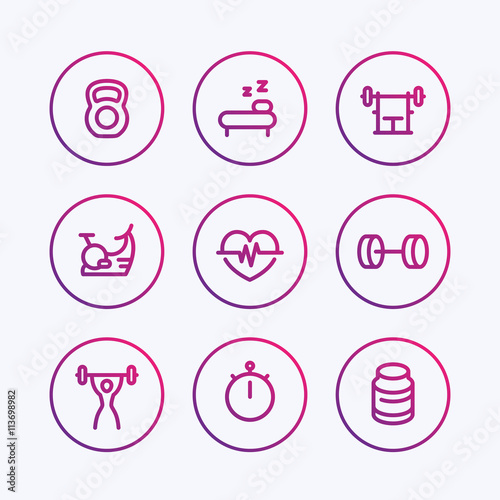 Fitness line icons, thick outline, fit and active lifestyle, workout, training, fitness linear symbols, vector illustration