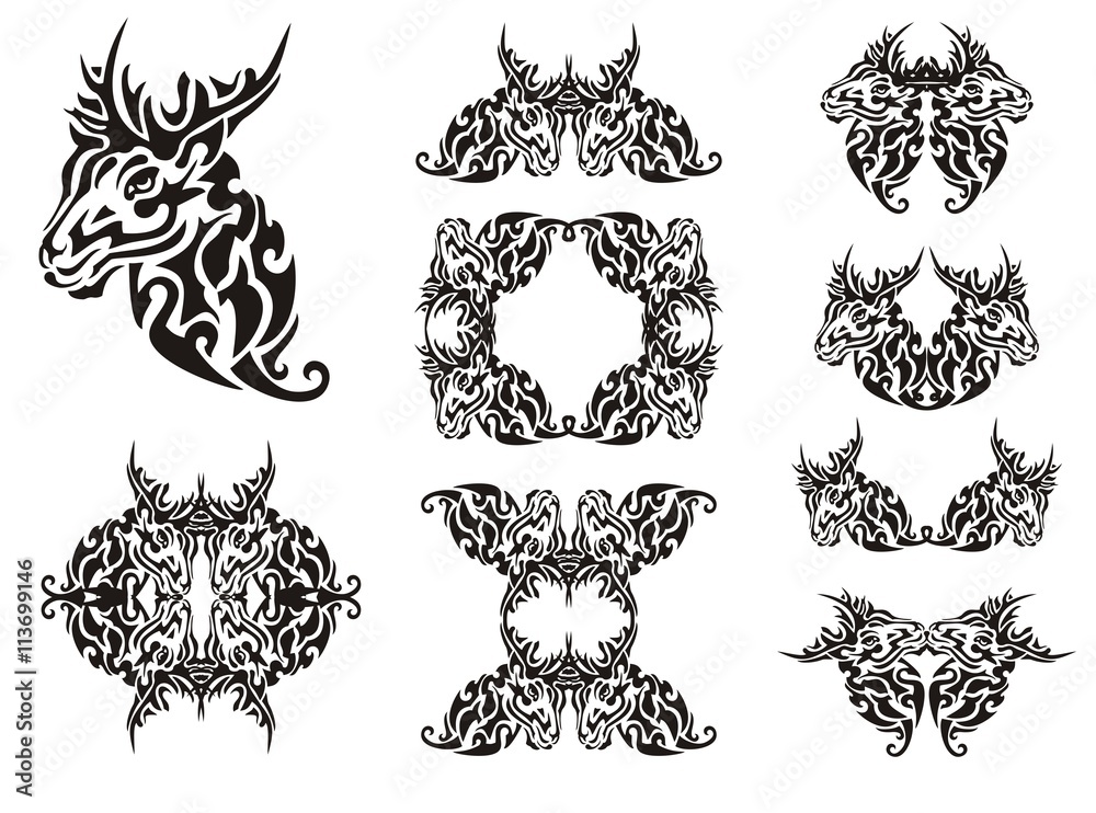 Tribal deer symbols. Flaming decorative deer head symbols and deer