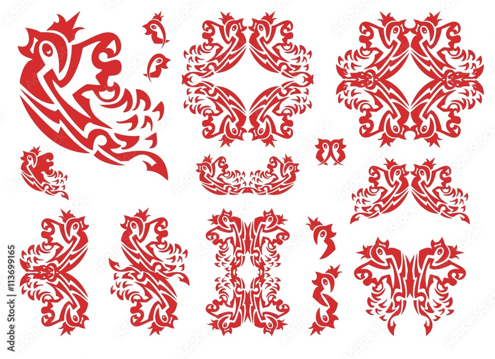 Flaming tribal bird set. The flying sparrow with a crown, sparrow frames, double bird symbols. Red on white Flaming tribal bird set. The flying sparrow with a crown, sparrow frames, double bird symbols. Red on white