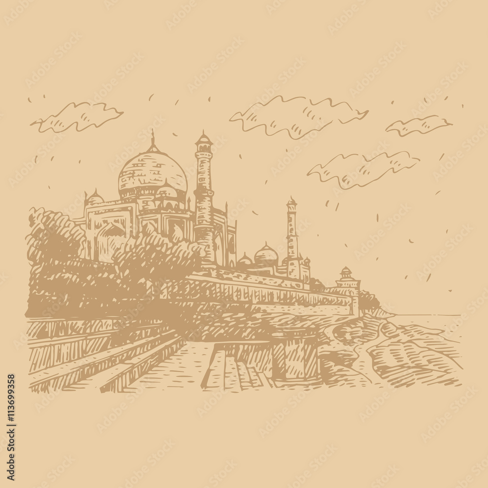 Side view of the Taj Mahal and Yamuna River. Agra, India. Vector freehand pencil sketch. Side view of the Taj Mahal and Yamuna River. Agra, India. Vector freehand pencil sketch.
