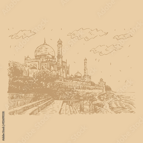 Side view of the Taj Mahal and Yamuna River. Agra, India. Vector freehand pencil sketch.