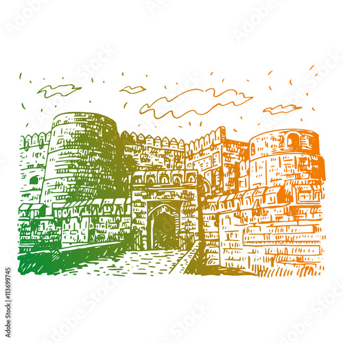 The Agra Fort, Agra, Uttar Pradesh, India. Vector freehand pencil sketch.