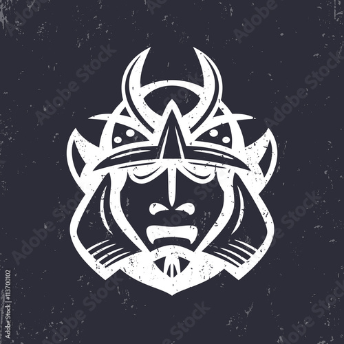 Samurai helmet, japanese facial armour worn by the samurai warrior, traditional martial mask, vector illustration