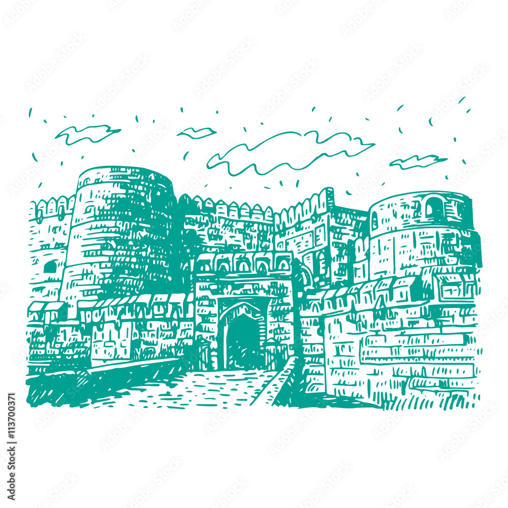 custom made wallpaper toronto digitalThe Agra Fort, Agra, Uttar Pradesh, India. Vector freehand pencil sketch.