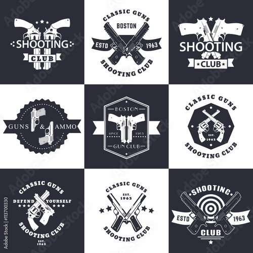 Shooting Club, Guns and Ammo vintage emblems, signs with crossed revolvers, guns, pistols, logo with handguns, vector illustration