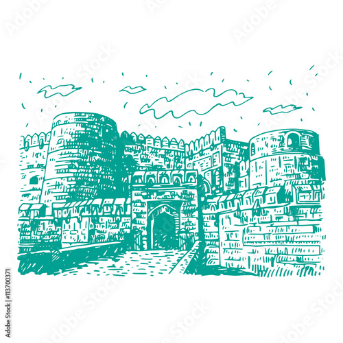 The Agra Fort, Agra, Uttar Pradesh, India. Vector freehand pencil sketch.