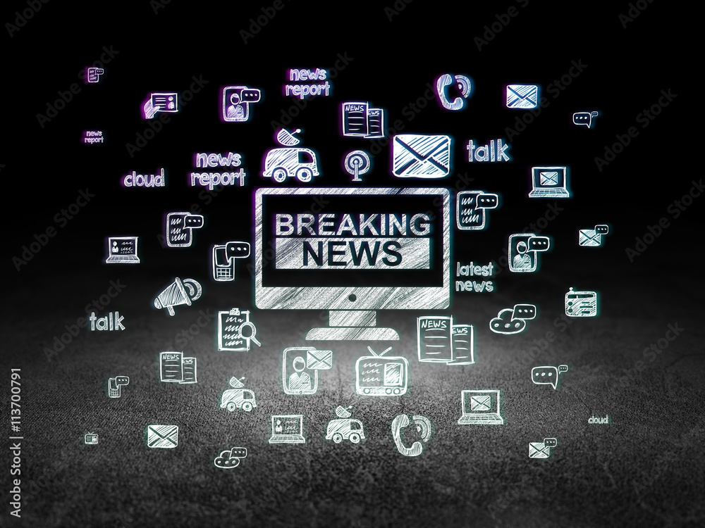 News concept: Breaking News On Screen in grunge dark room
