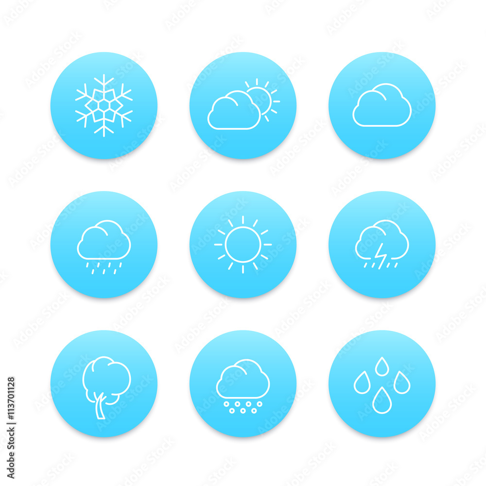 Weather line icons, rain, snowflake, hail, wind, sun, snow, vector illustration