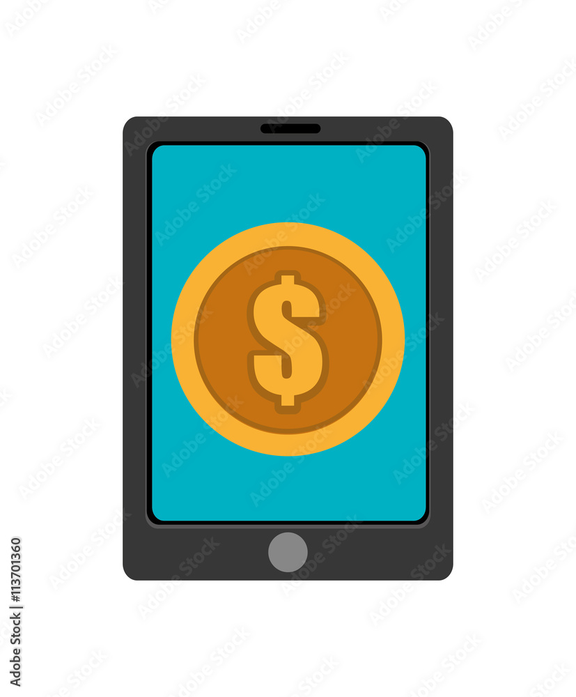 black electronic device with blue screen and gold coin icon over isolated background,vector illustration black electronic device with blue screen and gold coin icon over isolated background,vector illustration