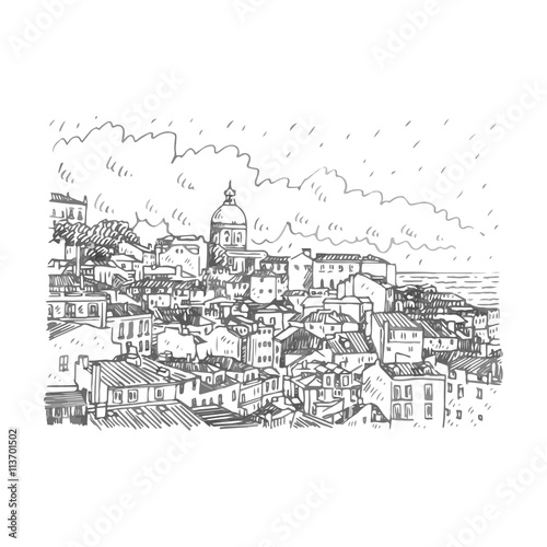 Cityscape of Lisbon  Portugal. View of Alfama  the oldest district of the city with the National Pantheon Dome. Vector freehand pencil sketch.