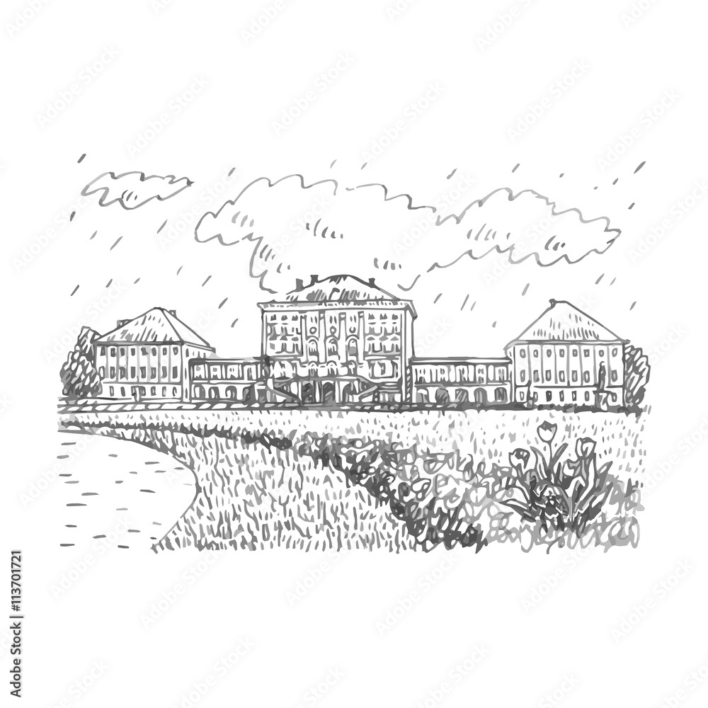 Nymphenburg Palace in Munich, Bavaria, Germany. Vector hand drawn sketch.