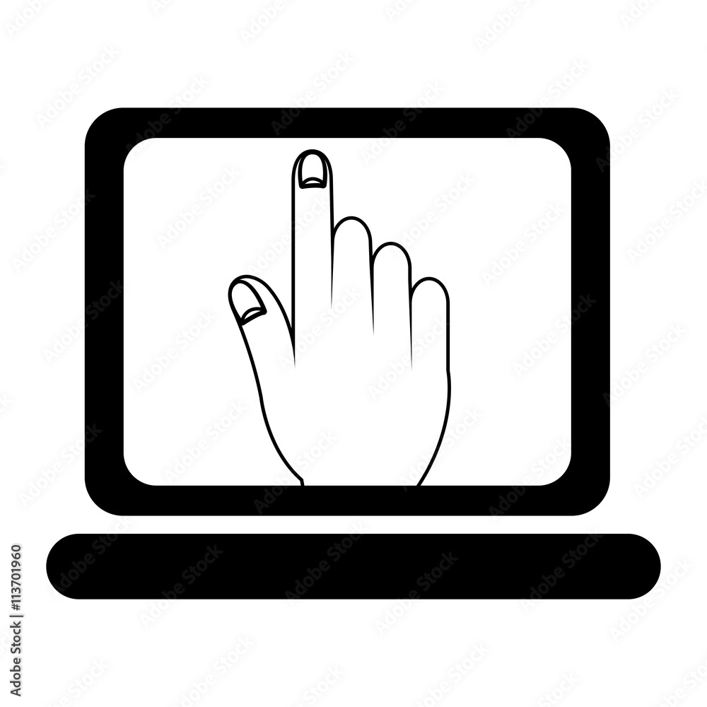 black laptop with human hand on the screen over isolated background, vector illustration black laptop with human hand on the screen over isolated background, vector illustration