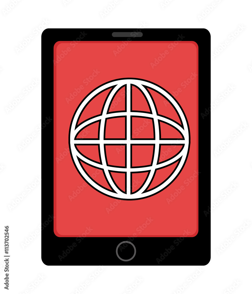 black electronic device with red screen and white world map icon over isolated background,vector illustration black electronic device with red screen and white world map icon over isolated background,vector illustration