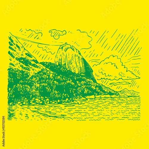 The mountain Sugar Loaf and Guanabara bay in Rio de Janeiro, Brazil. Vector freehand pencil sketch.